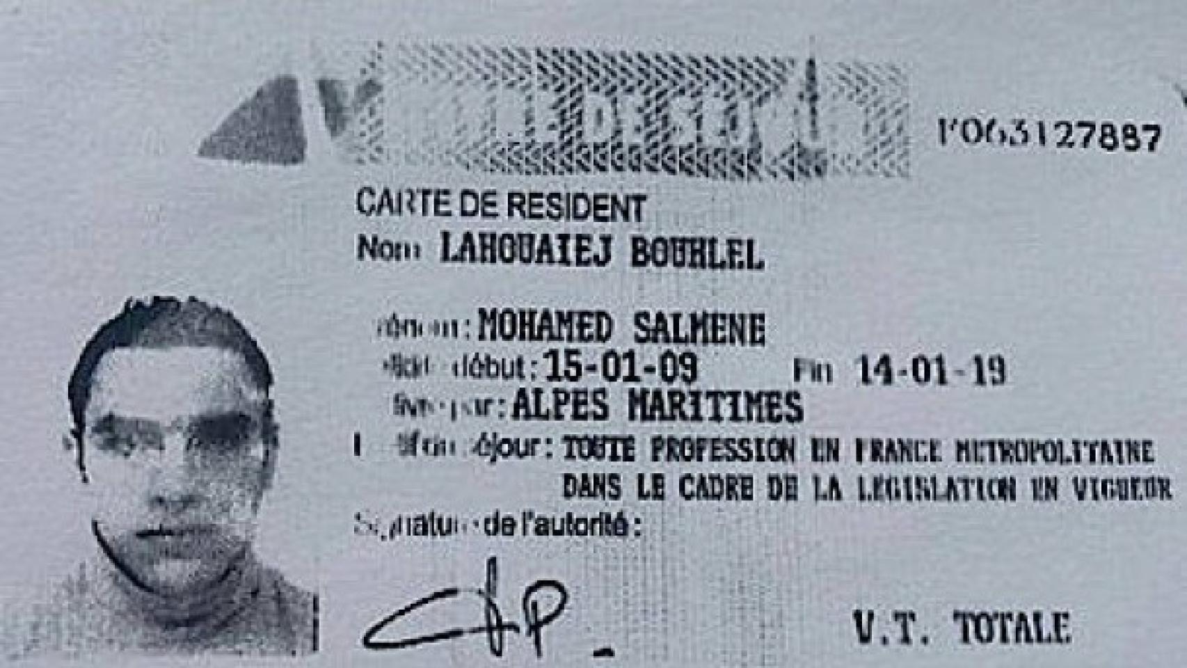 Carné de residente de Mohamed Lahouaiej Bouhlel, identificado como autor del atentado en Niza.