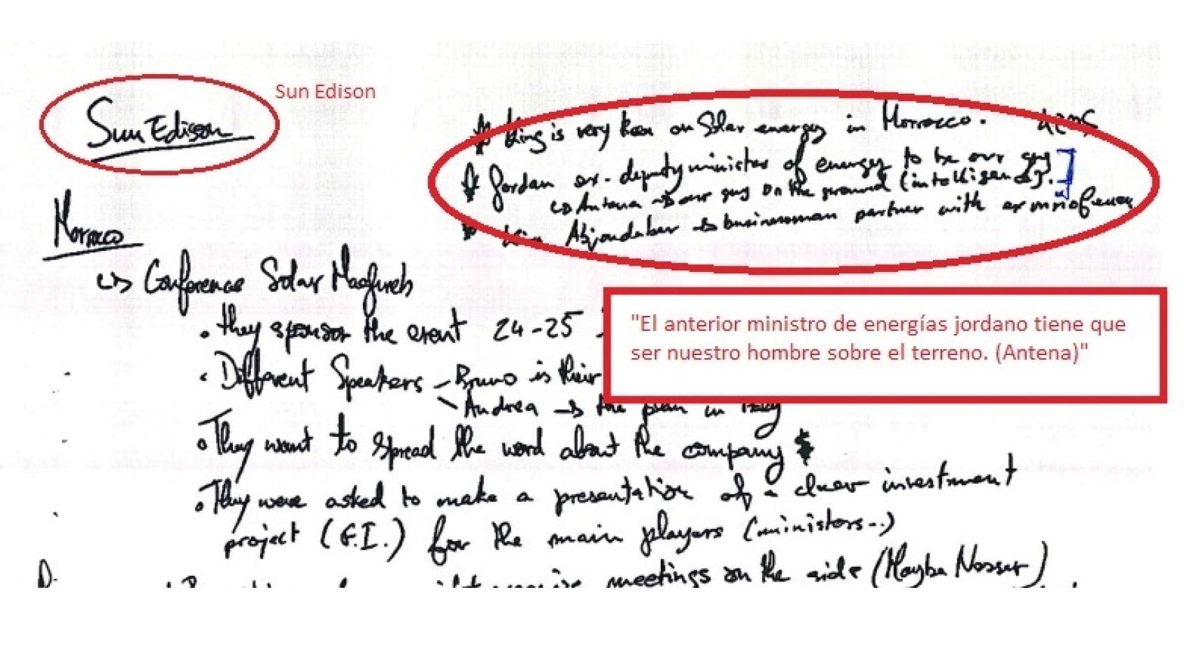 Uno de los manuscritos sobre las reuniones con Sun Edison