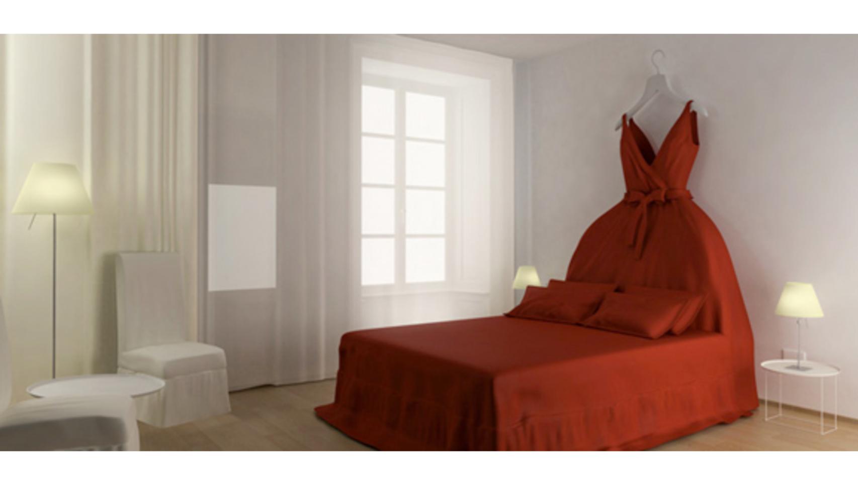 Vestido convertido en cama en una habitación de la Maison Moschino.