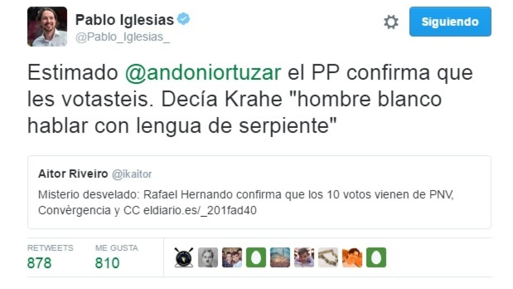 Pablo Iglesias ha utilizado la canción 'Cuervo ingenuo' de Krahe para interpelar a Ortuzar.