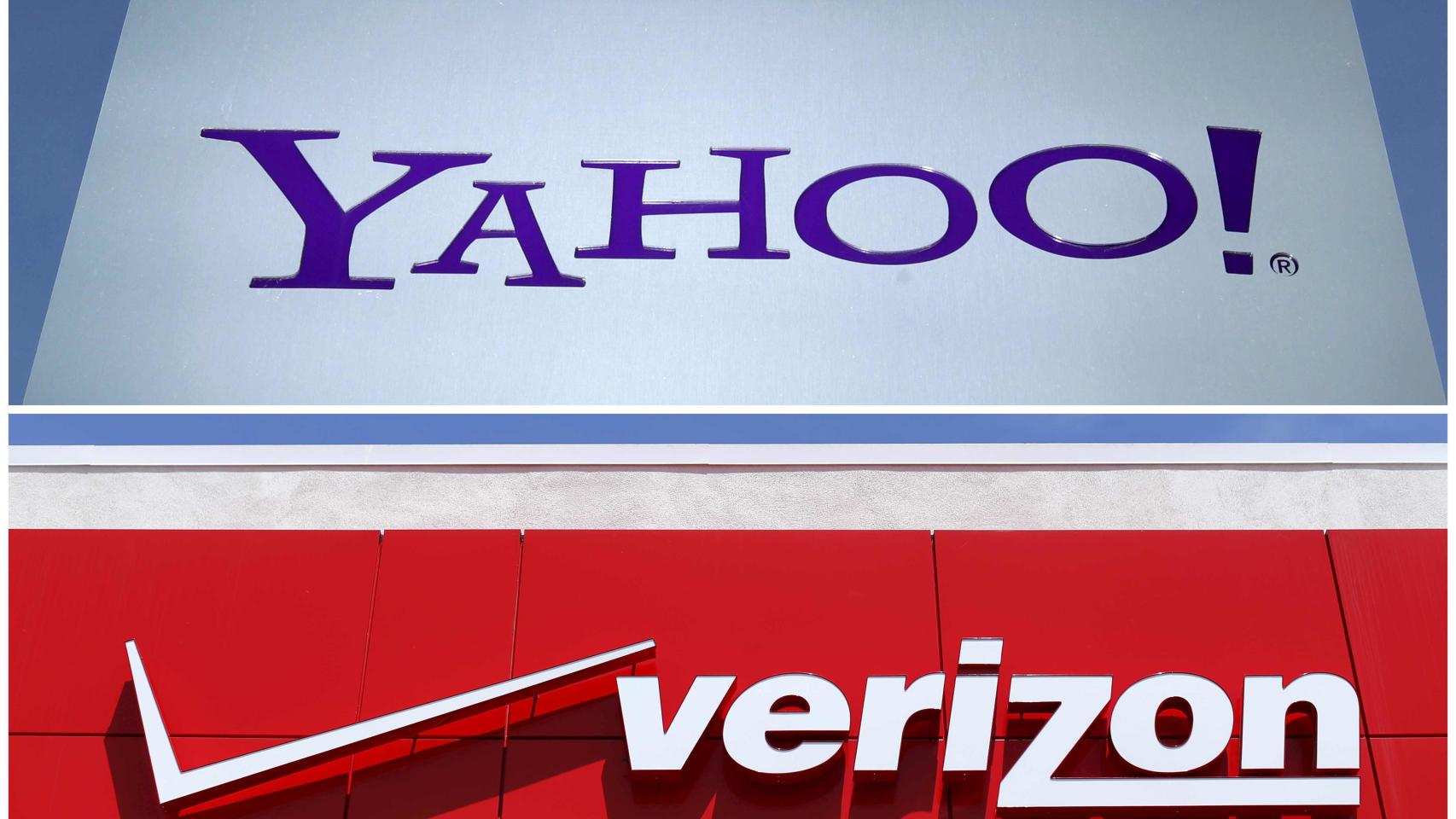A combination photo of Yahoo logo in Rolle Switzerland and a Verizon sign in San Diego California