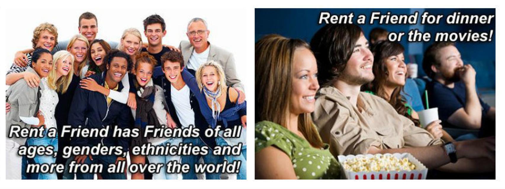 Algunas de las imágenes y mensajes promocionales que tiene Rent a Friend en su página.