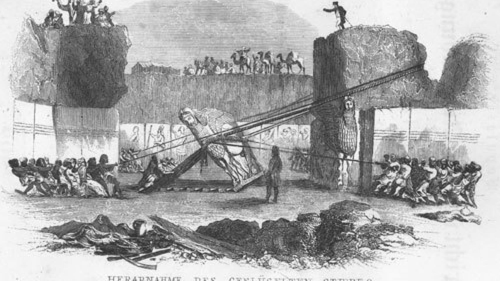 Estampa del siglo XIX de los trabajitos de Layard en Nimrud.