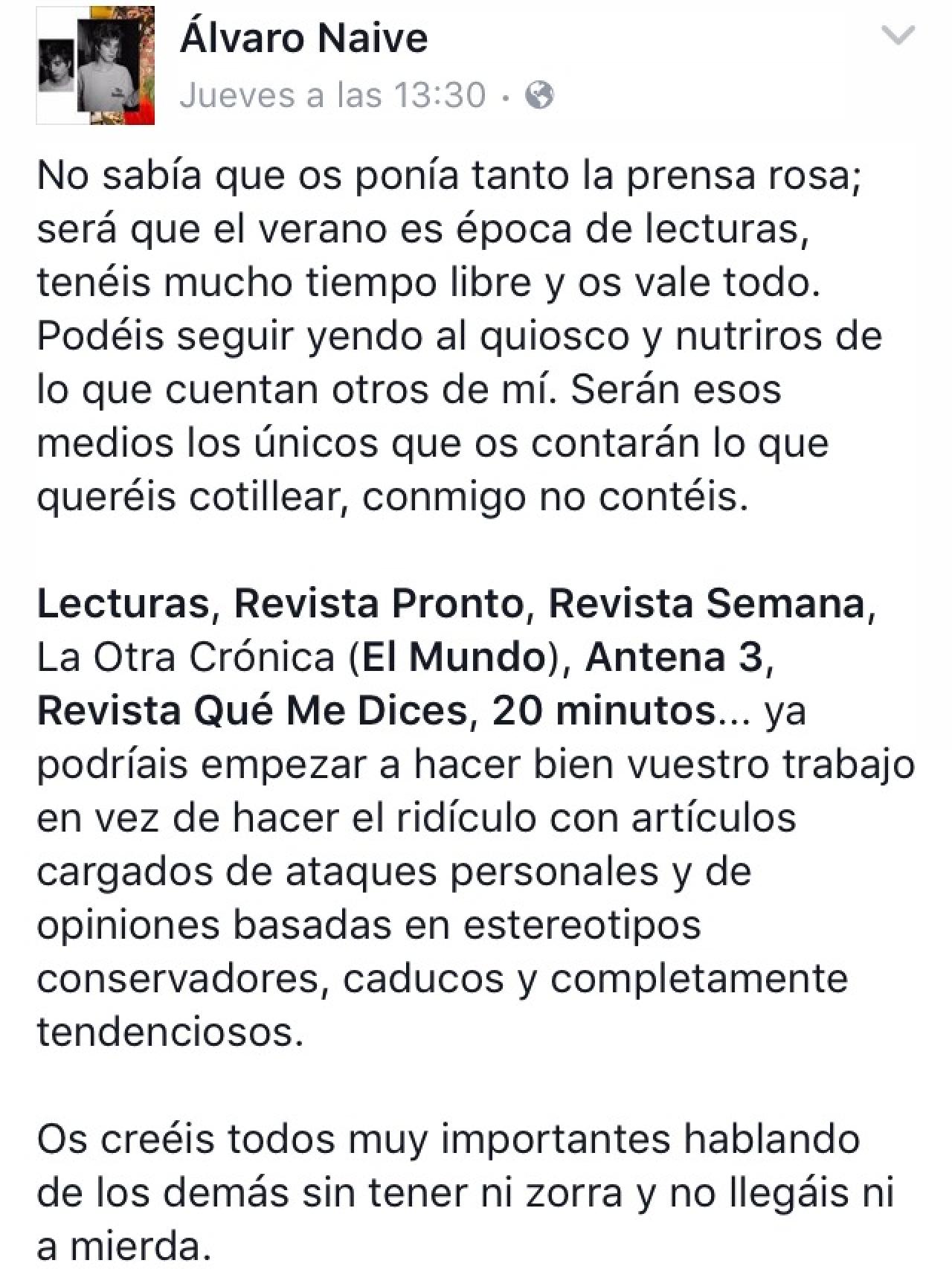 Pantallazo del mensaje de Facebook