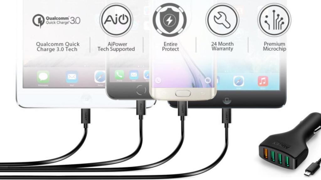 Sólo 11.99 euros. Cargador de coche Aukey con 4 puertos USB y Quick Charge 3.0.