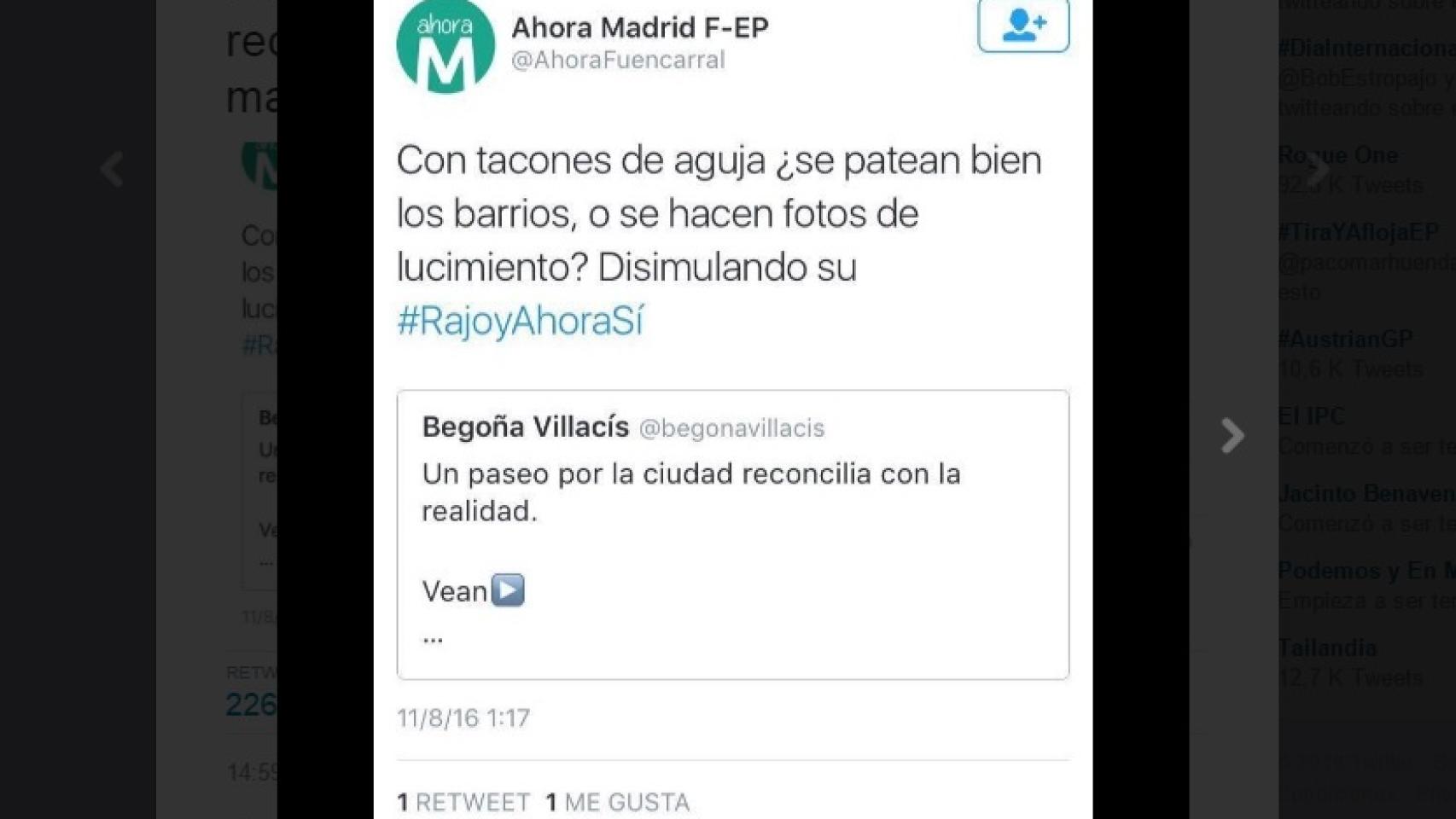 El tuit de @AhoraFuencarral, que posteriormente borraron.