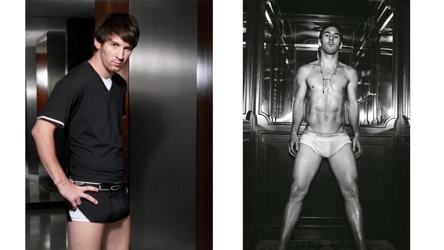 El futbolista Messi posando a la izq. para Lodi y a la derecha para Dolce and Gabanna.