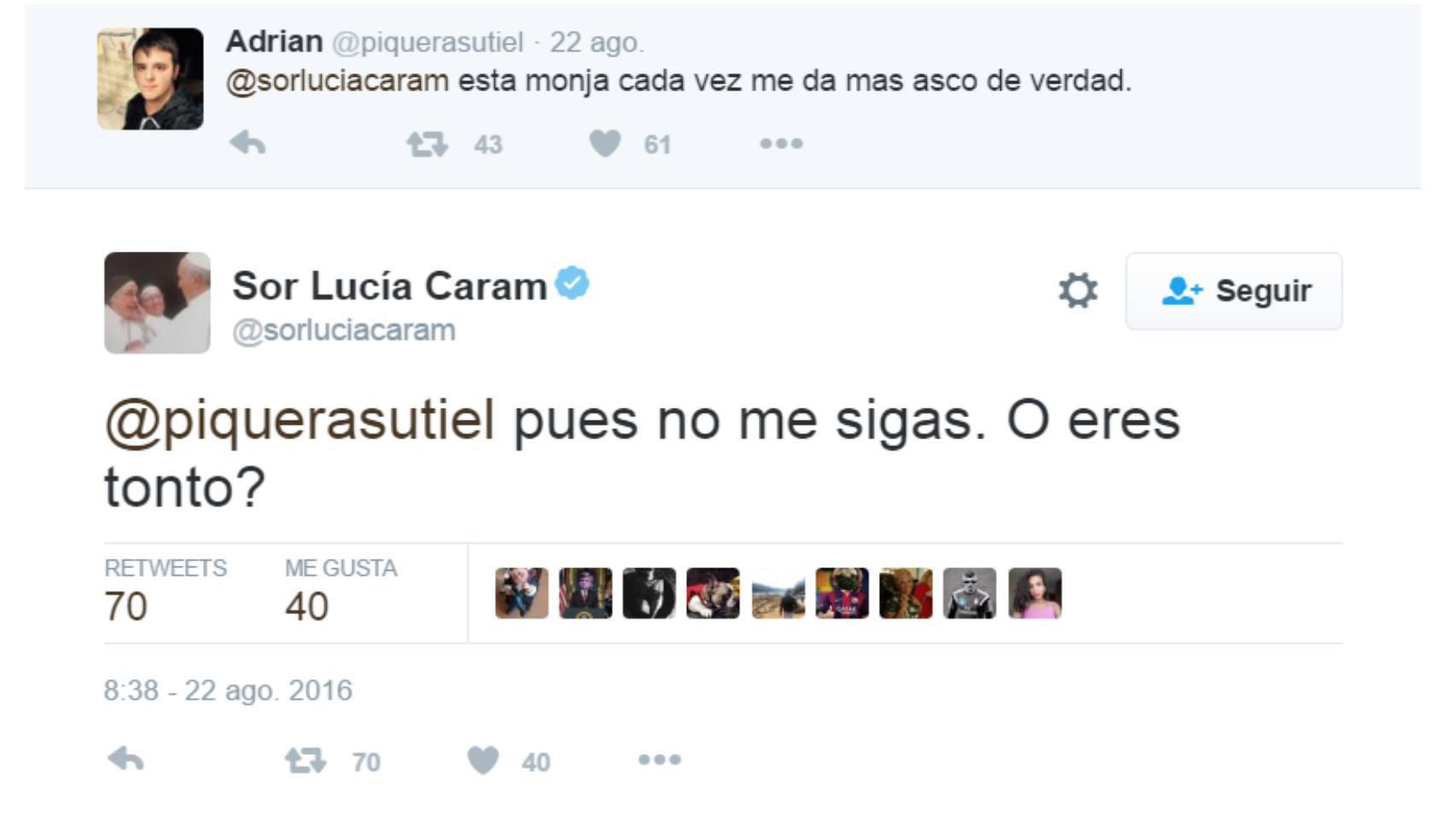 Sor Lucía Caram se enzarza con un tuitero.