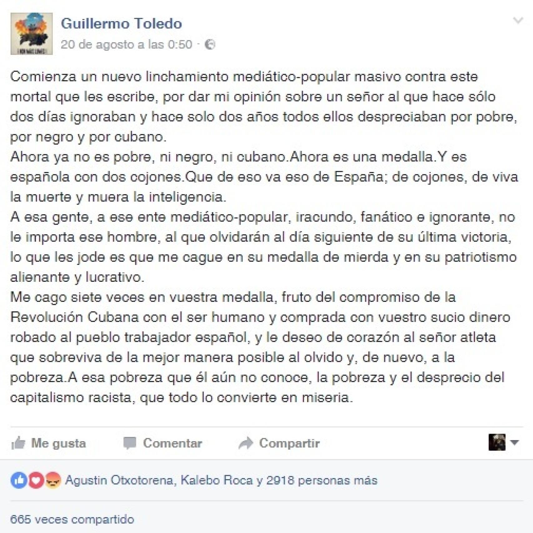 El post que Facebook eliminó de la cuenta del actor y que ha sido restaurado.