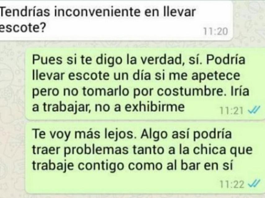 Parte de la conversación entre el dueño del bar y la joven que buscaba trabajo.