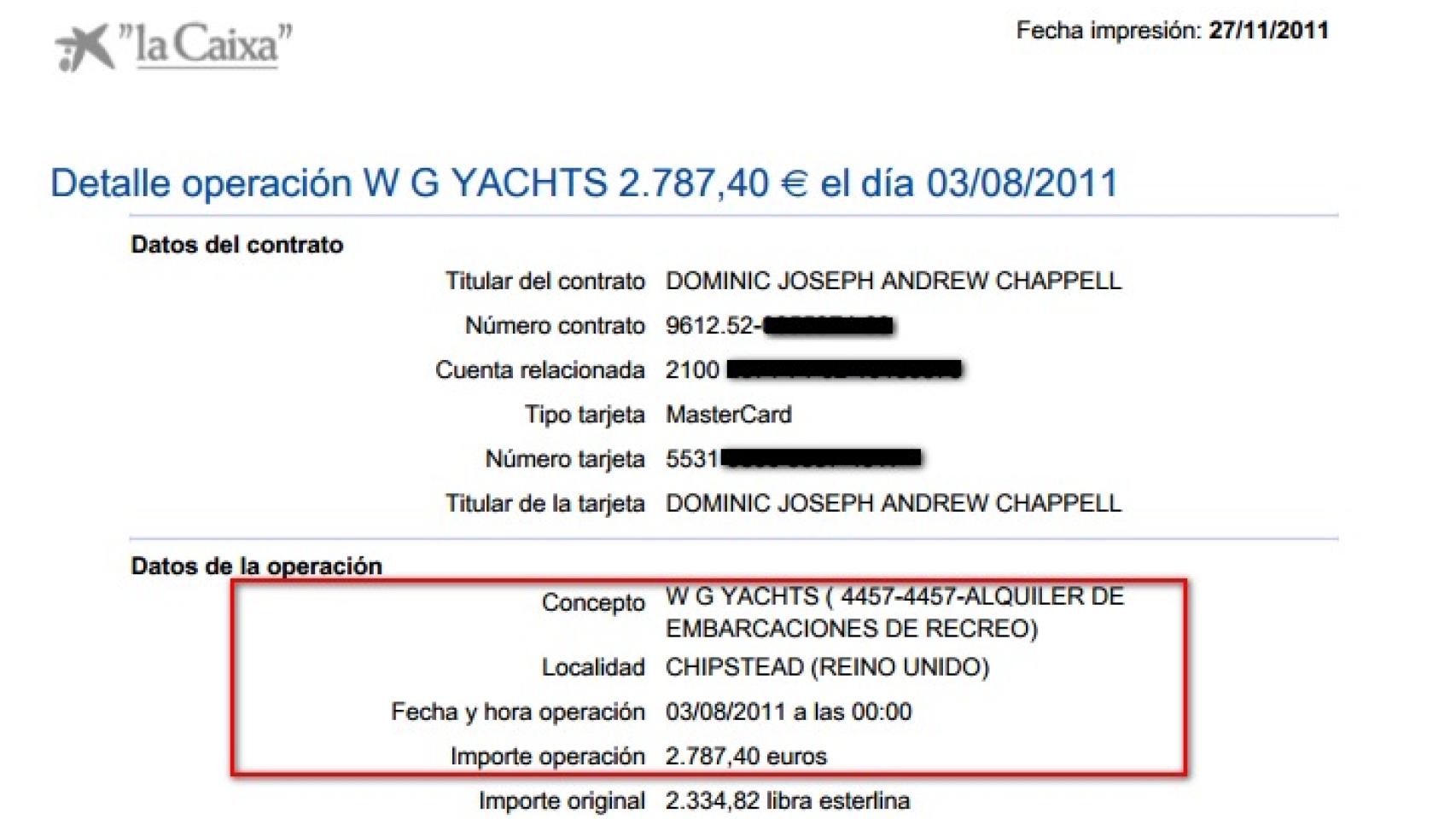 Resguardo del alquiler de un yate pagado con la cuenta de la empresa.