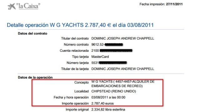 Resguardo del alquiler de un yate pagado con la cuenta de la empresa.