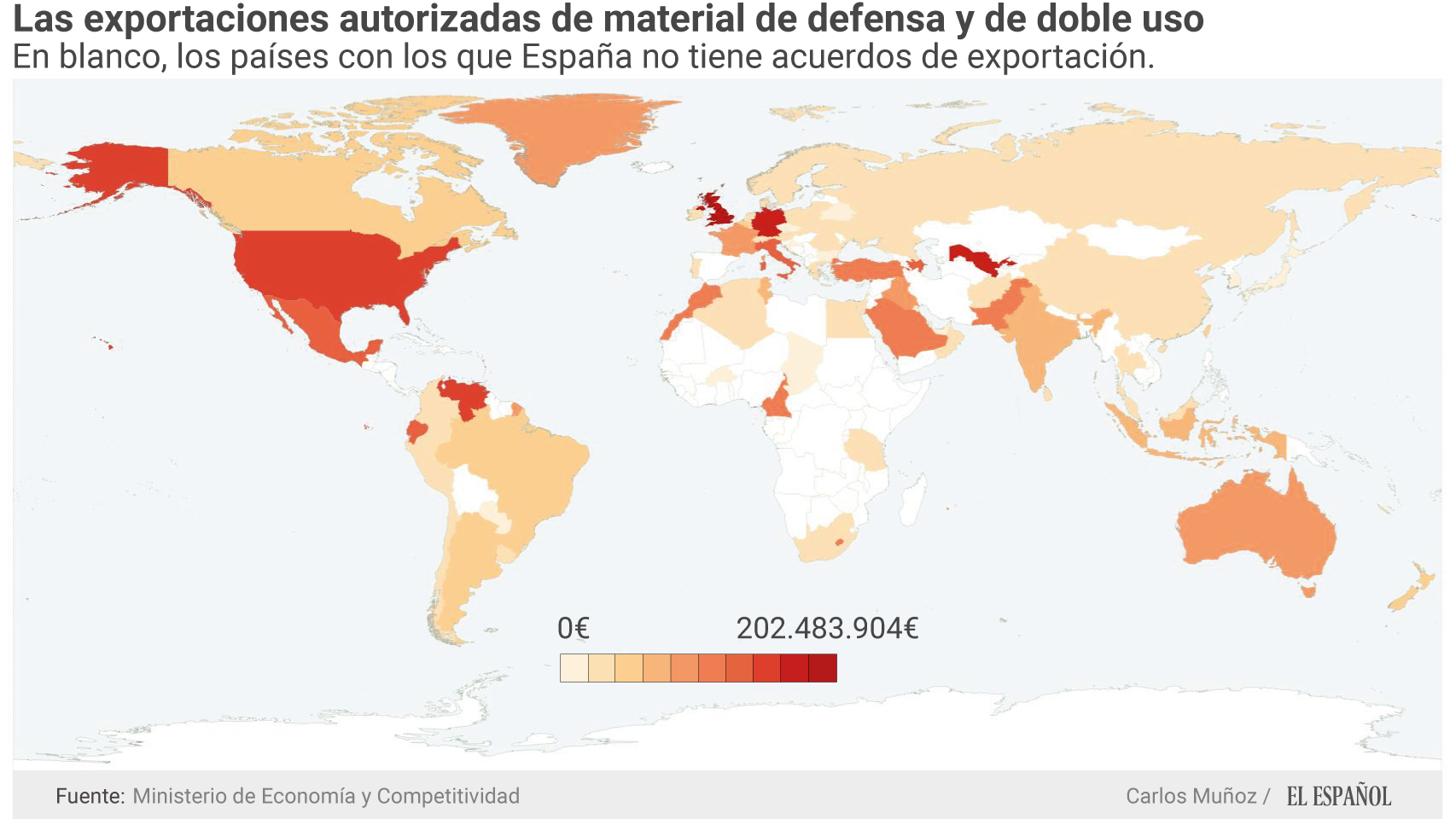 Mapa de los países a los que España vende material de Defensa y doble uso.