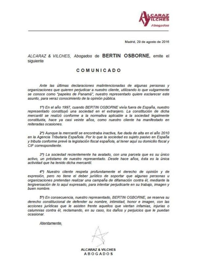 Comunicado de Bertín Osborne, dado a conocer este lunes.