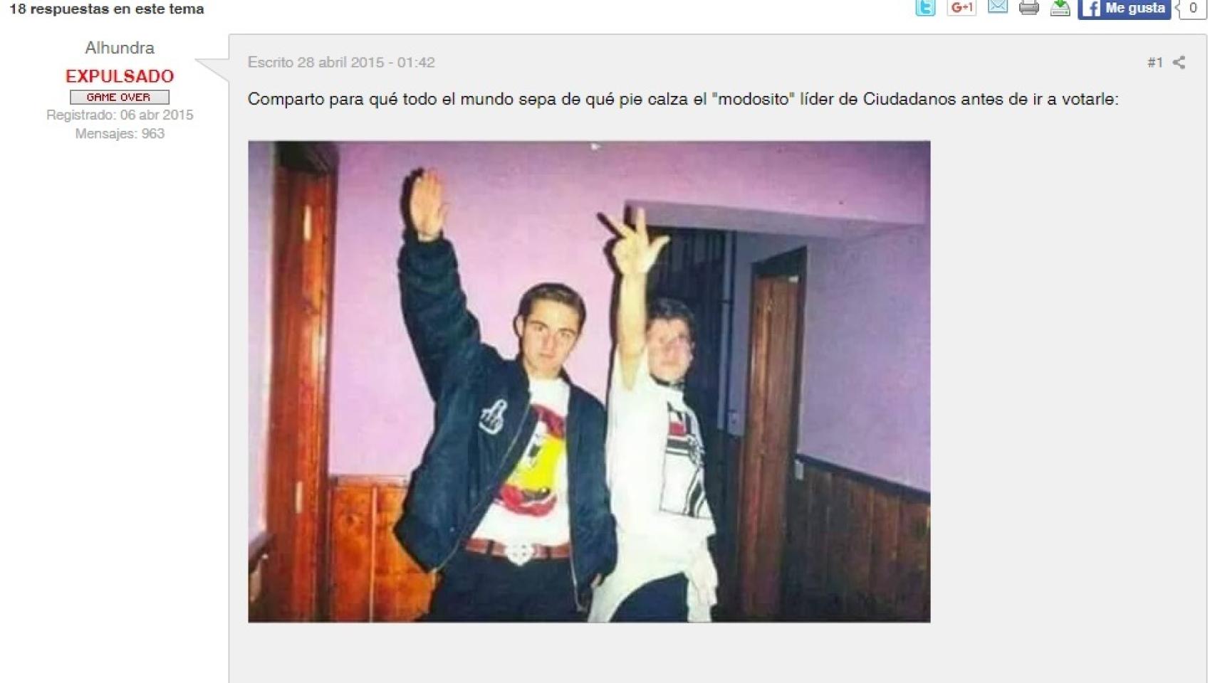 Un hilo de 2015 de MeriStation en el que se acusa a Rivera de ser el joven fascista.