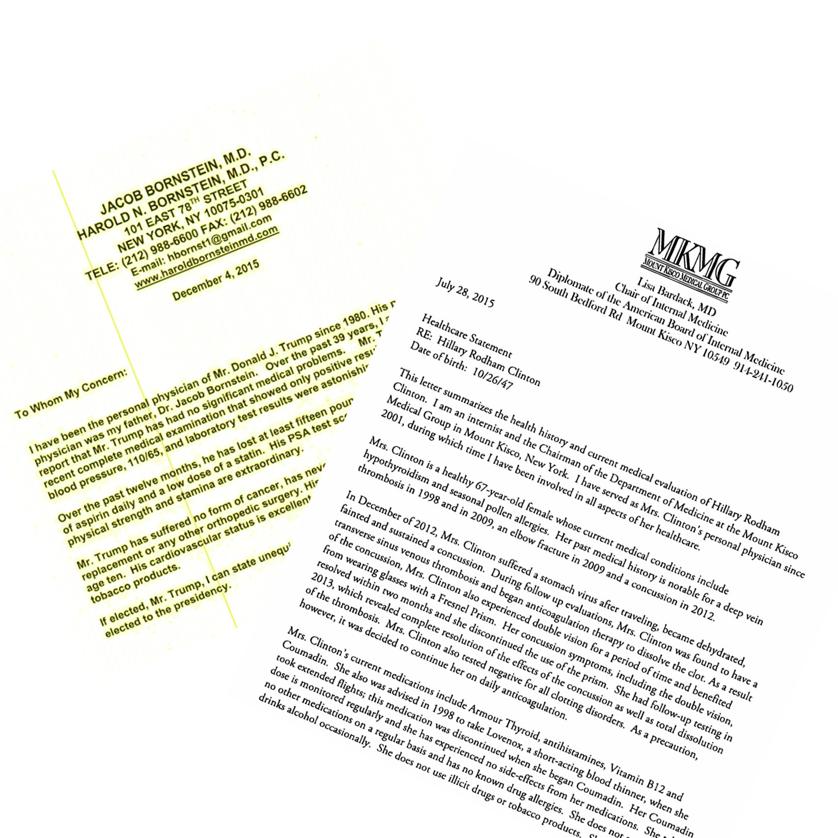 Los certificados de Trump y Clinton divulgados el año pasado.