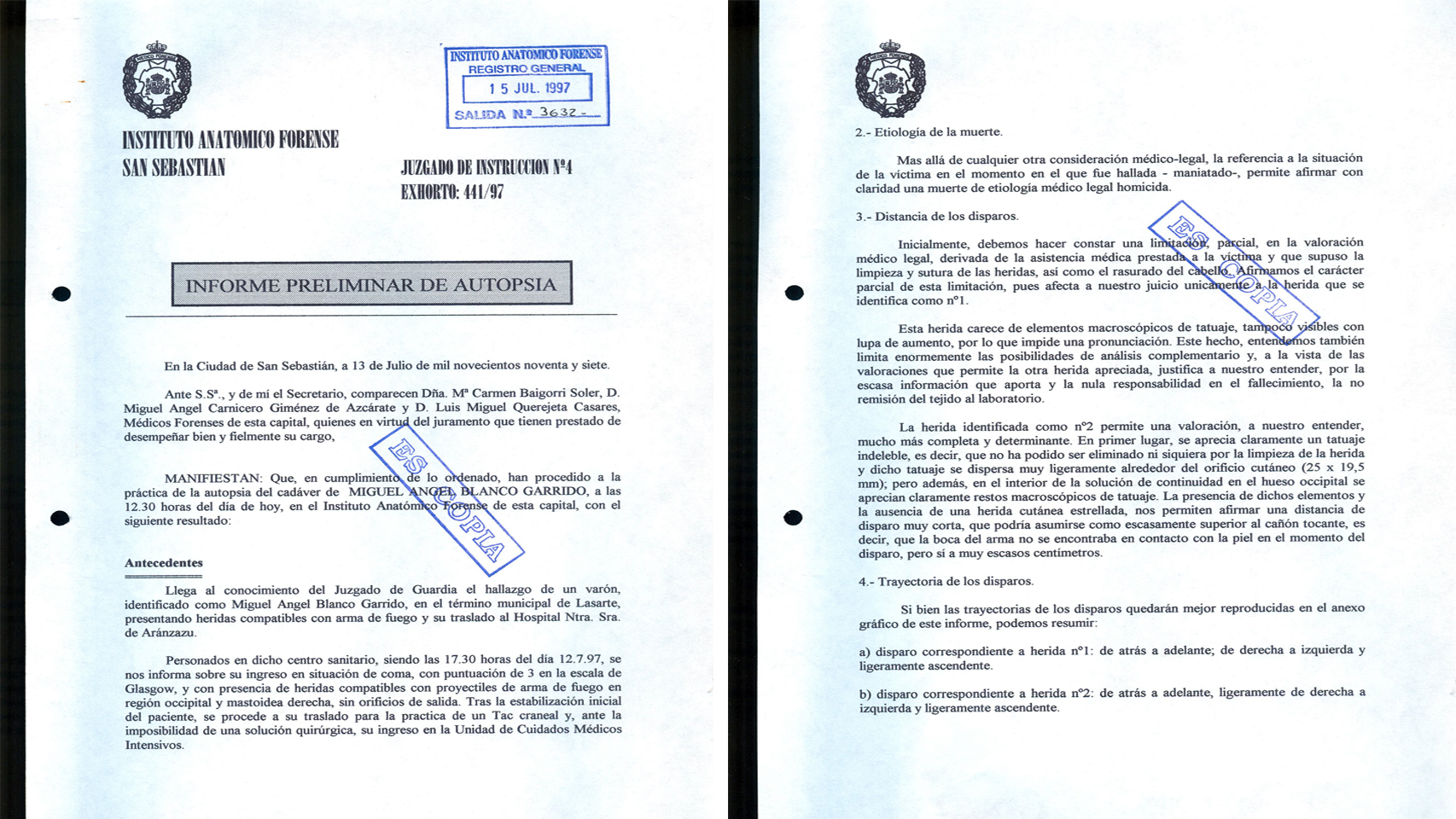 Informe preliminar de la autopsia de Miguel Ángel Blanco.