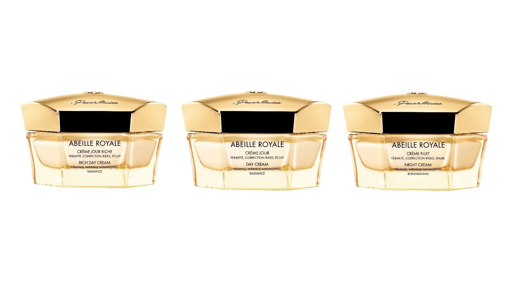 Cremas Guerlain de la línea Abeille Royale; crema de día rica (aporta luminosidad en un 40%), crema de día (atenúa las arrugas en un 27%) y crema de noche (contorno redefinido en un 23%).