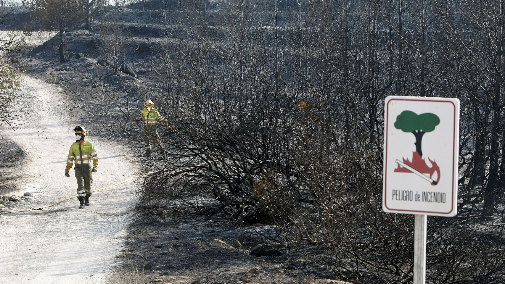 Dos brigadistas trabajan en el parque natural de la Granadella tras el incendio forestal de Xàbia y Benitatxell.
