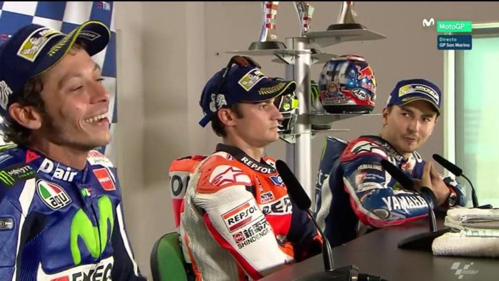 Rossi, Dani Pedrosa y Jorge Lorenzo, en la rueda de prensa posterior al GP de San Marino.