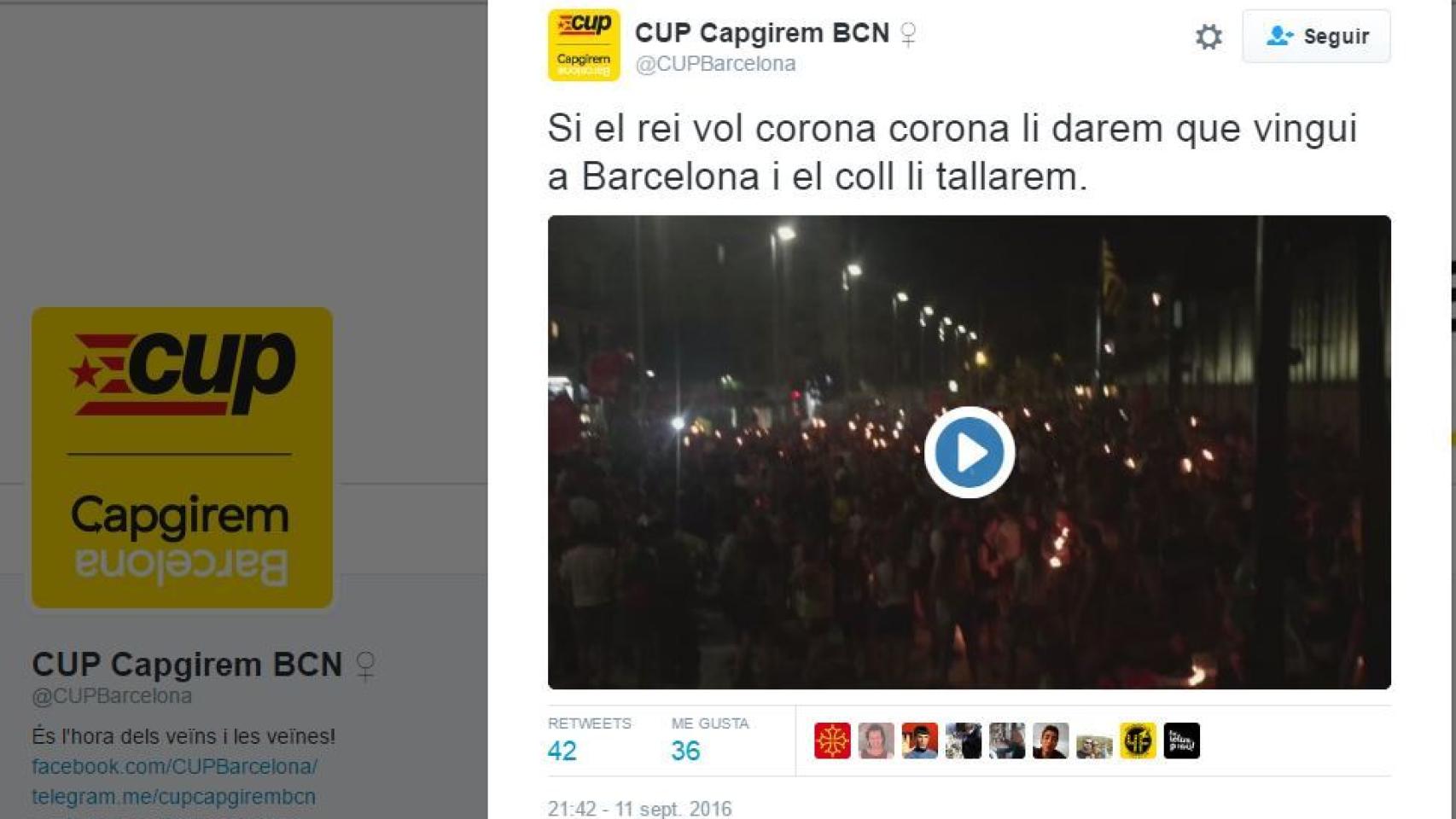 El vídeo subido por la CUP con el cántico sobre cortar el cuello al rey.