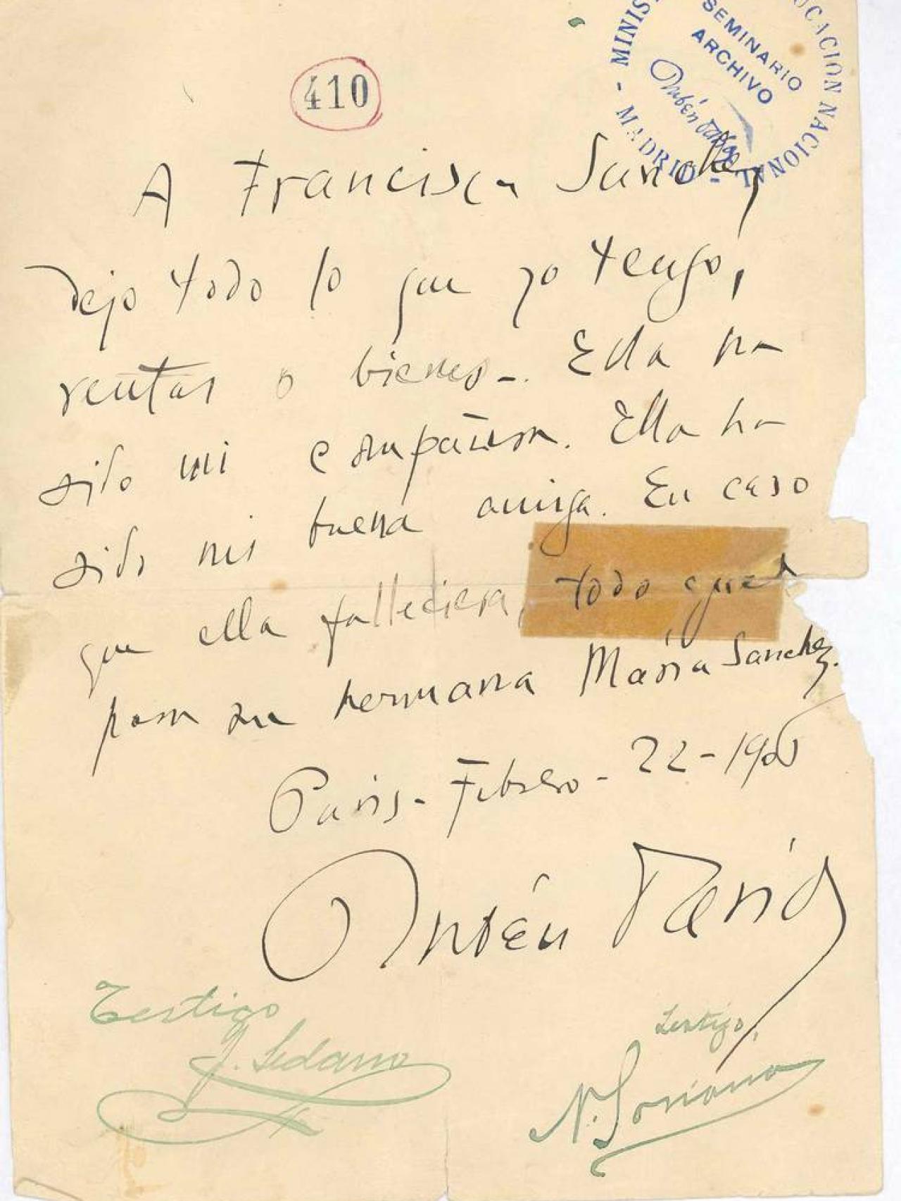 Testamento de Rubén Darío en favor de Francisca