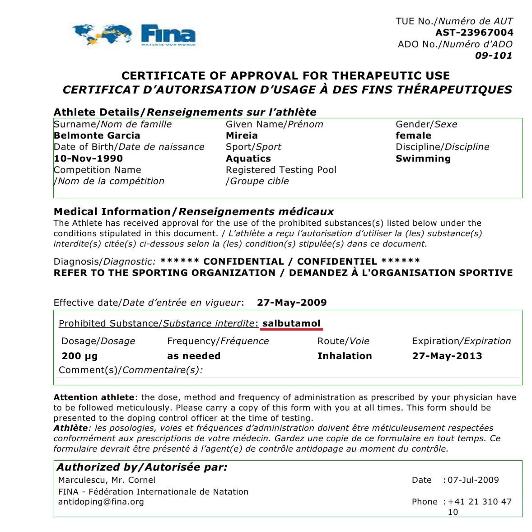 Documento de la FINA sobre Belmonte.