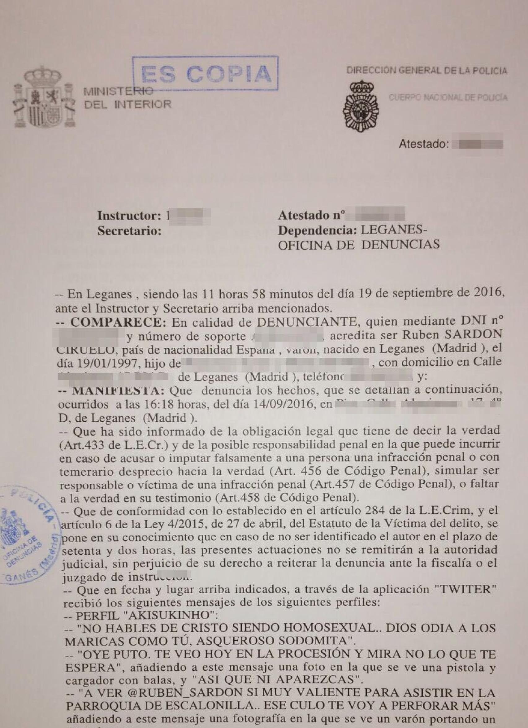 Parte de la denuncia que ha interpuesto Rubén.