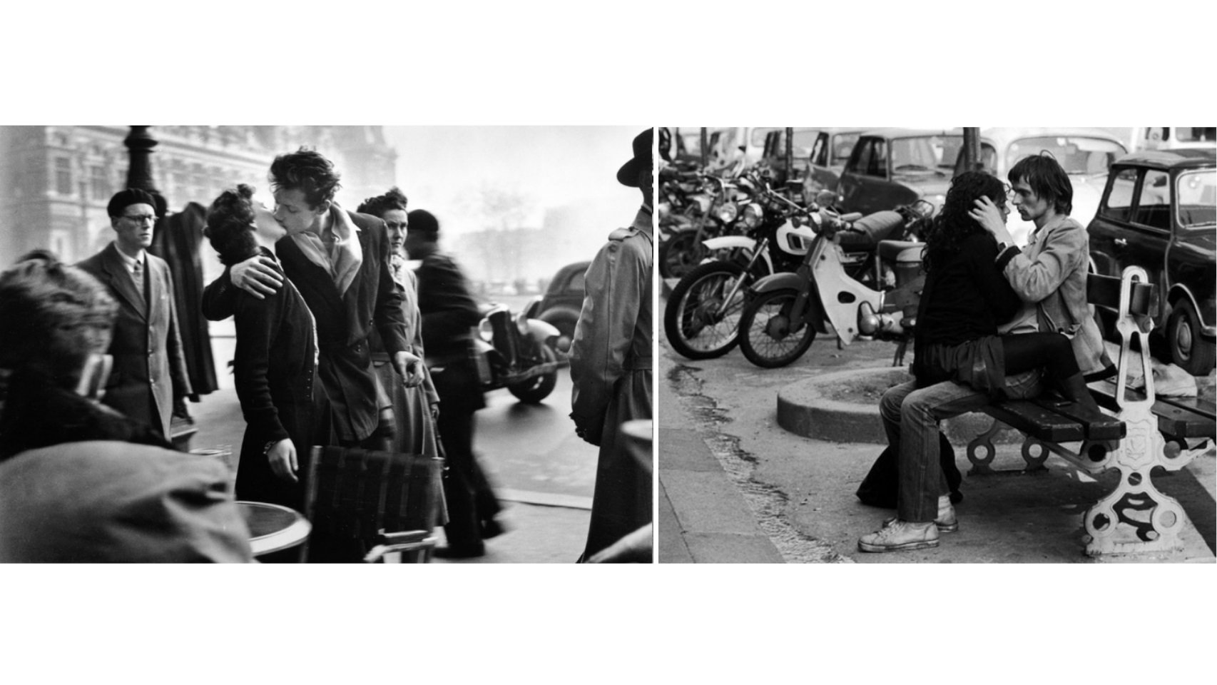 El beso, de Robert Doisneau y Les amoreux des bancs publics, de Sabine Weiss.