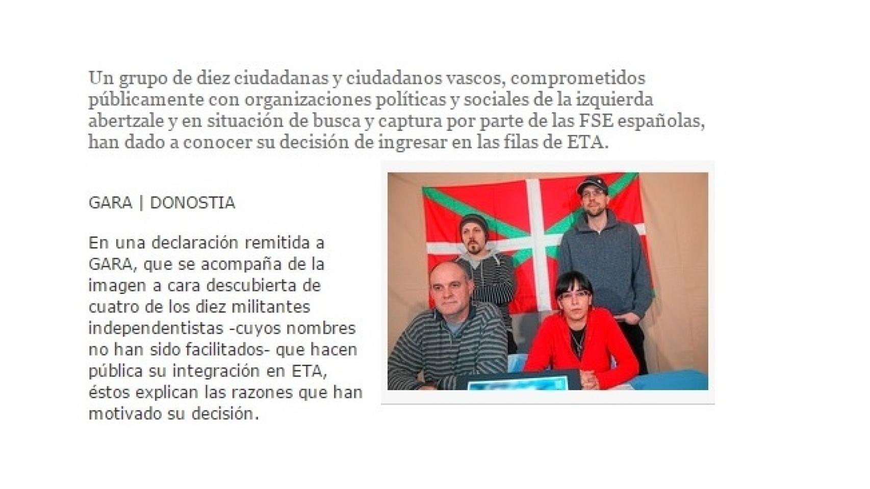 Gara publicó la noticia como una declaración remitida por los etarras.