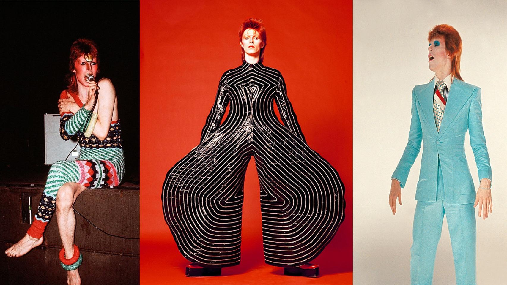 Algunos de los trajes que llevan las modelos en el momento del homenaje a David Bowie la gala CFDA.