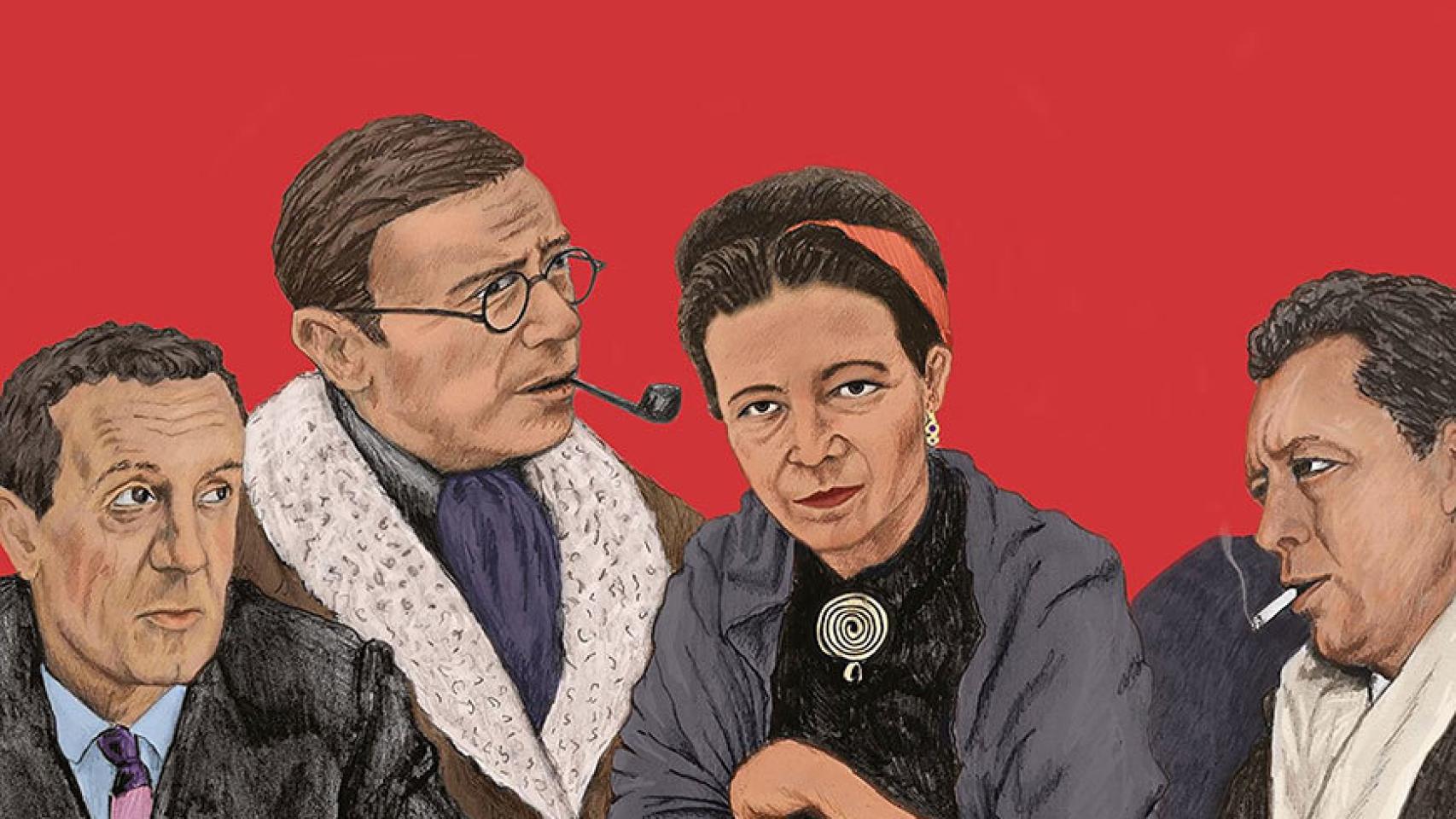 En la ilustración, Merleau Ponty, Sartre, Beauvoir y Camus.