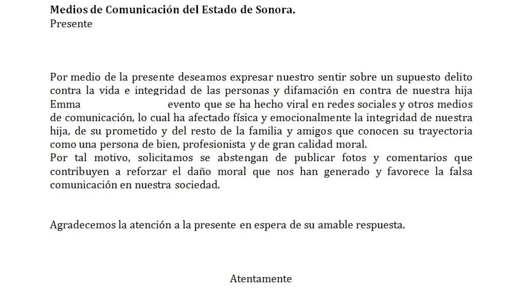 Comunicado del padre de Emma