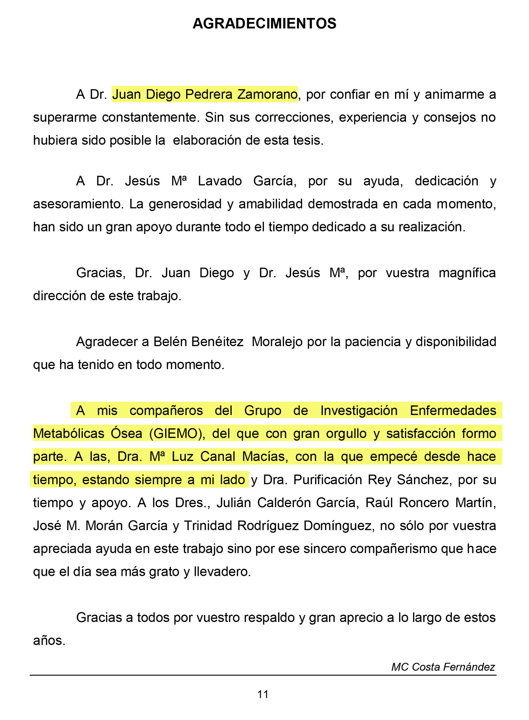 Agradecimientos en la tesis de Costa Fernández