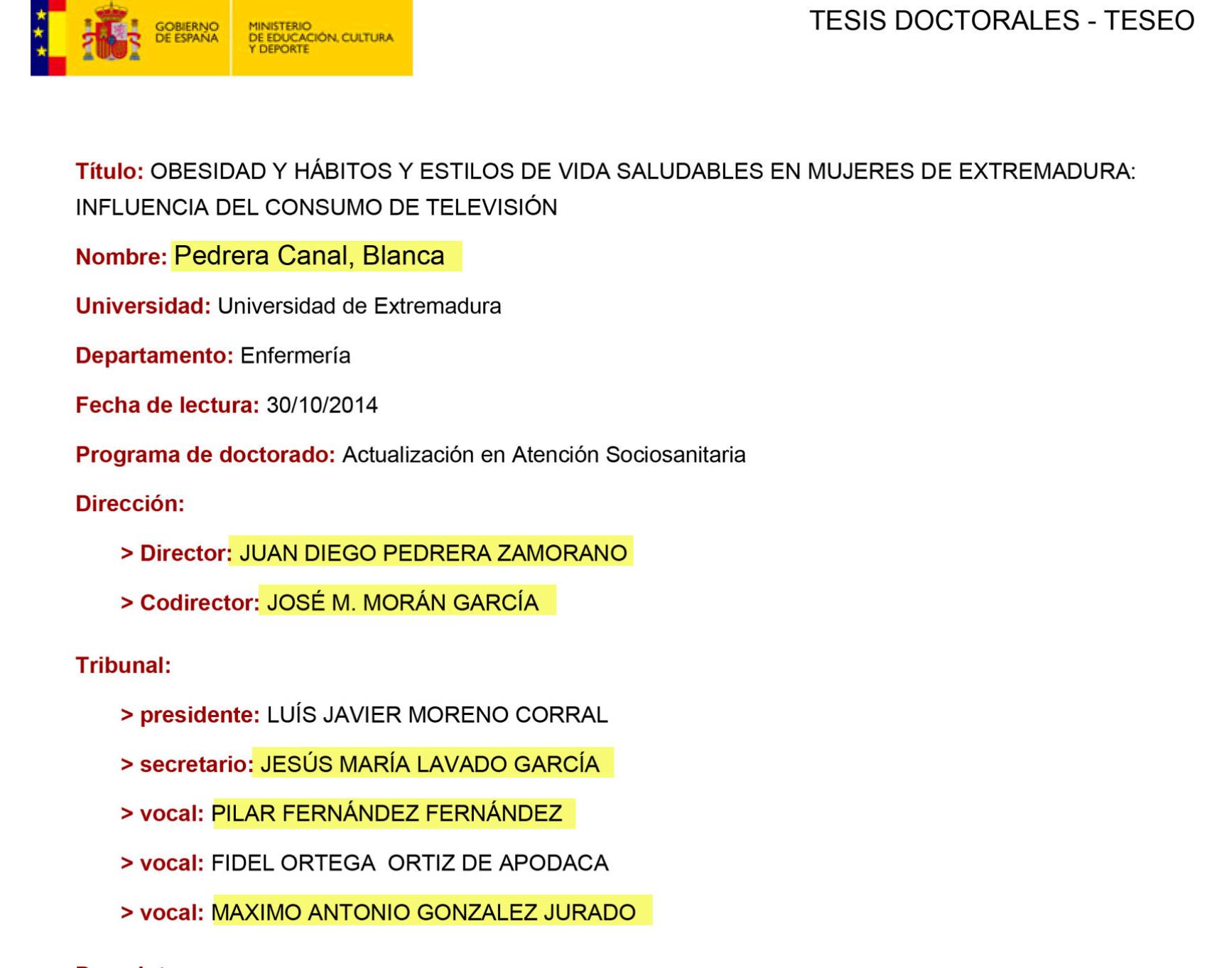 Tribunal de tesis doctoral de Blanca Pedrera, hija del asesor del rector de la Universidad de Extremadura