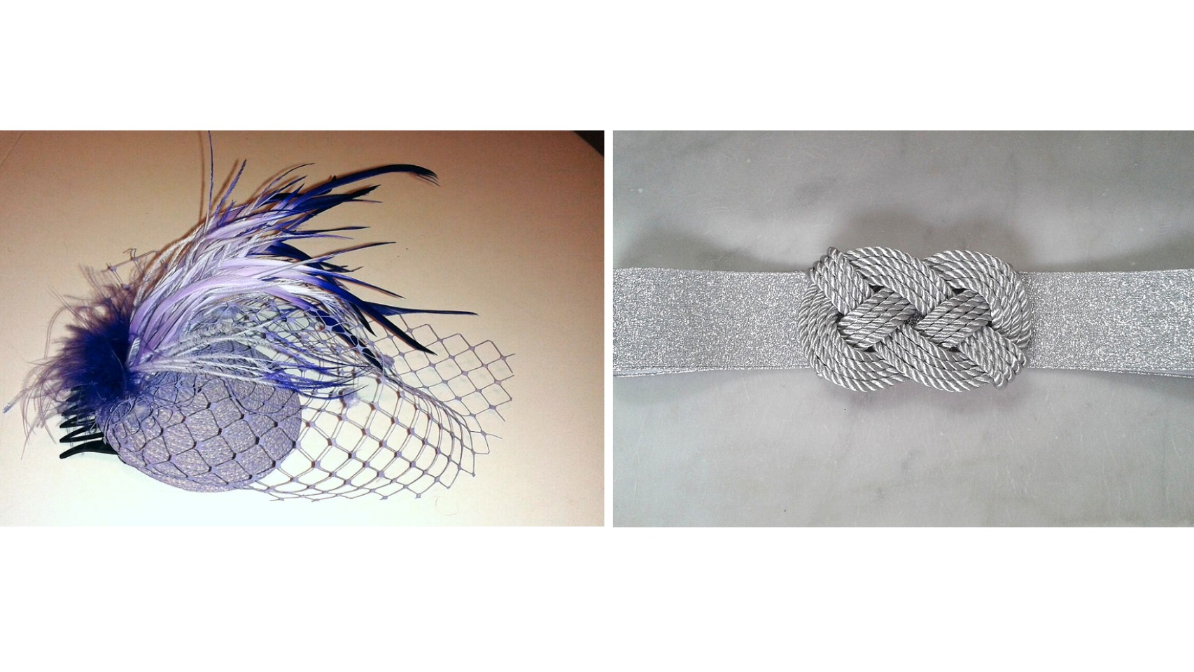 Tocado lila y cinturón plateado.