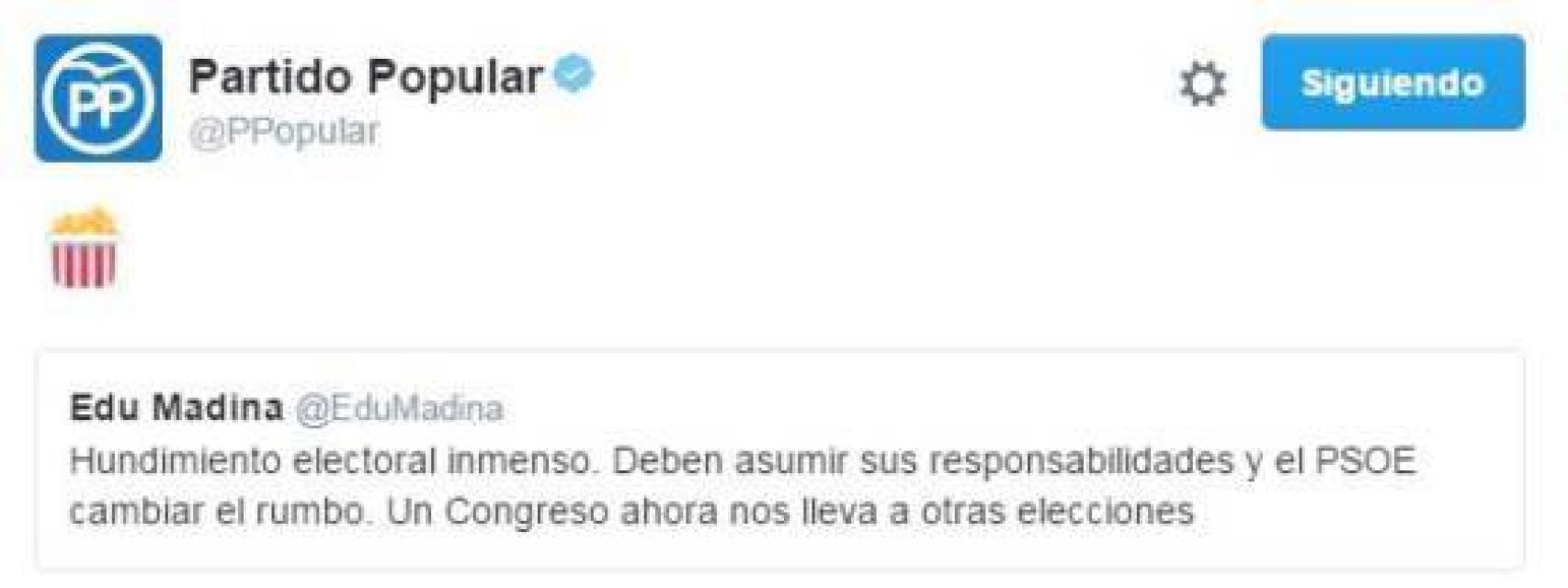 El tuit borrado en la cuenta del Partido Popular.