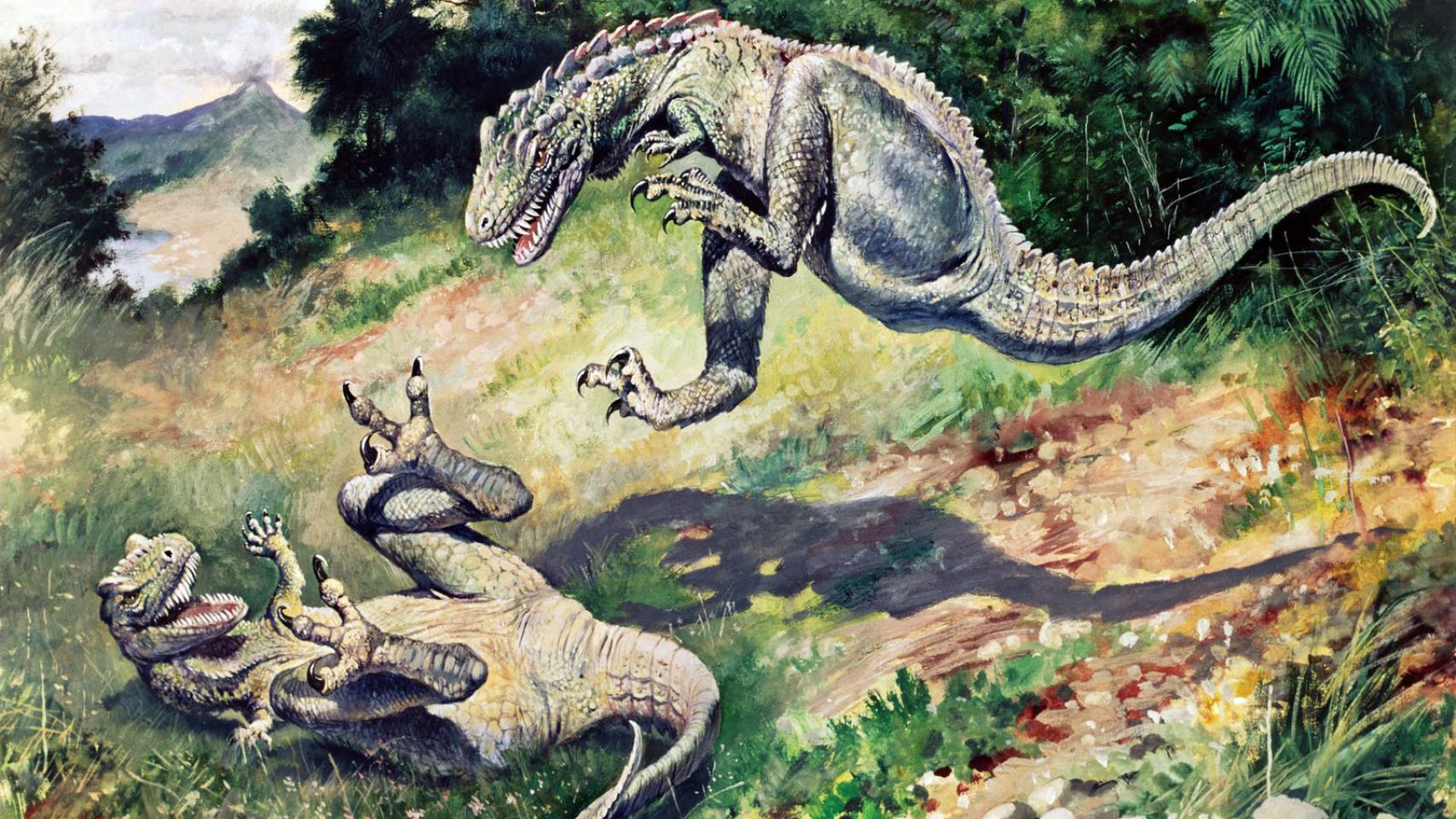 Ilustración de 1896 que muestra a dos Dryptosaurus saltando.