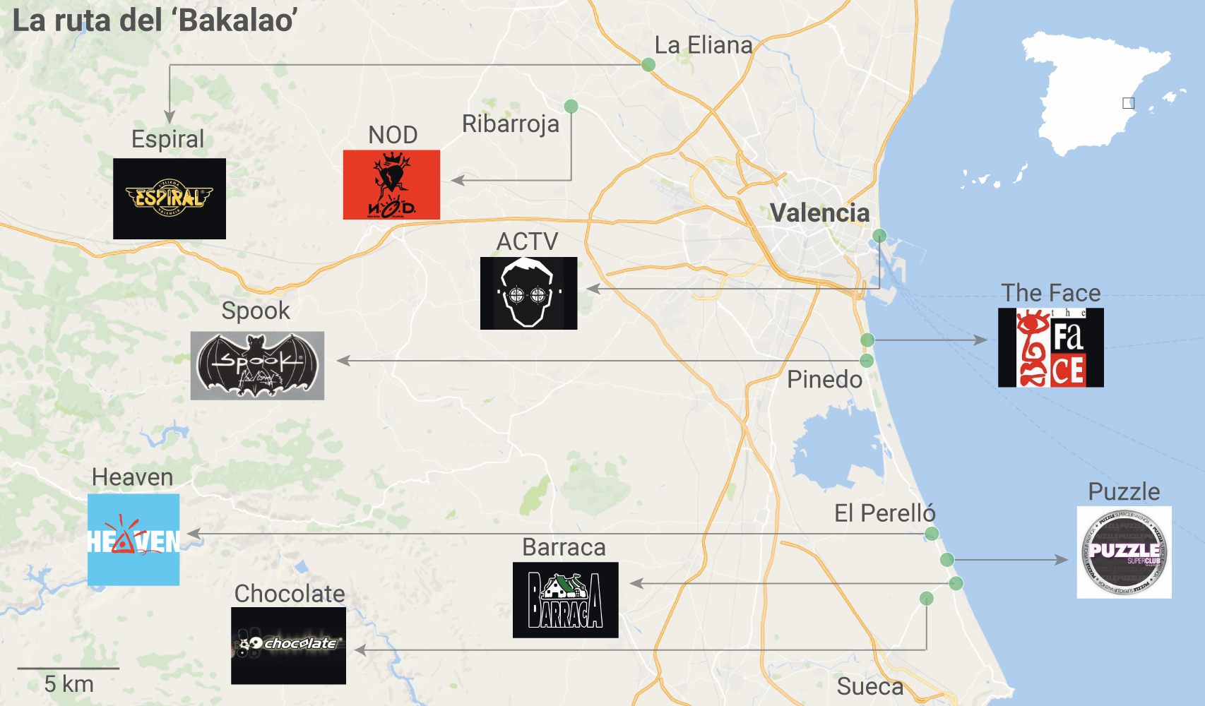 Mapa de las principales salas de la provincia de Valencia durante la época de la Ruta.