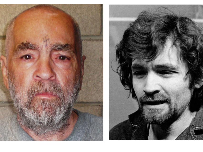 Charles Manson con la esvástica en la frente, en 2009; con barba y melena, en 1970.