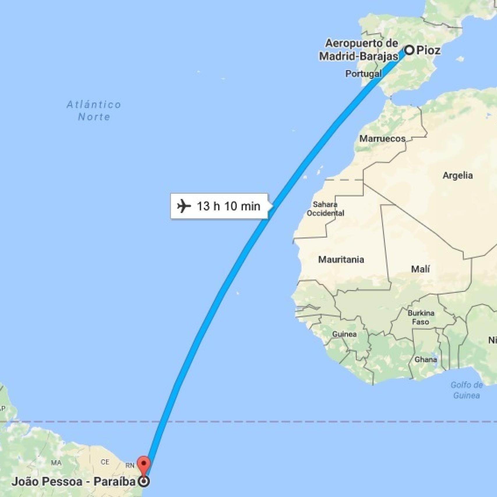 Distancia entre Pioz y Joao Pessoa, en Brasil
