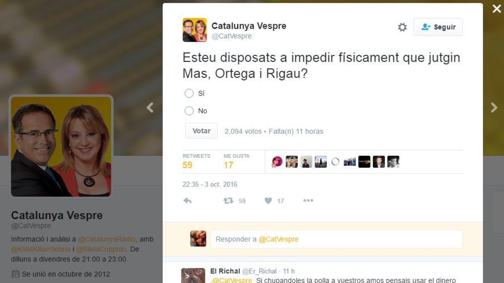 La encuesta en la cuenta de Catalunya Vespre