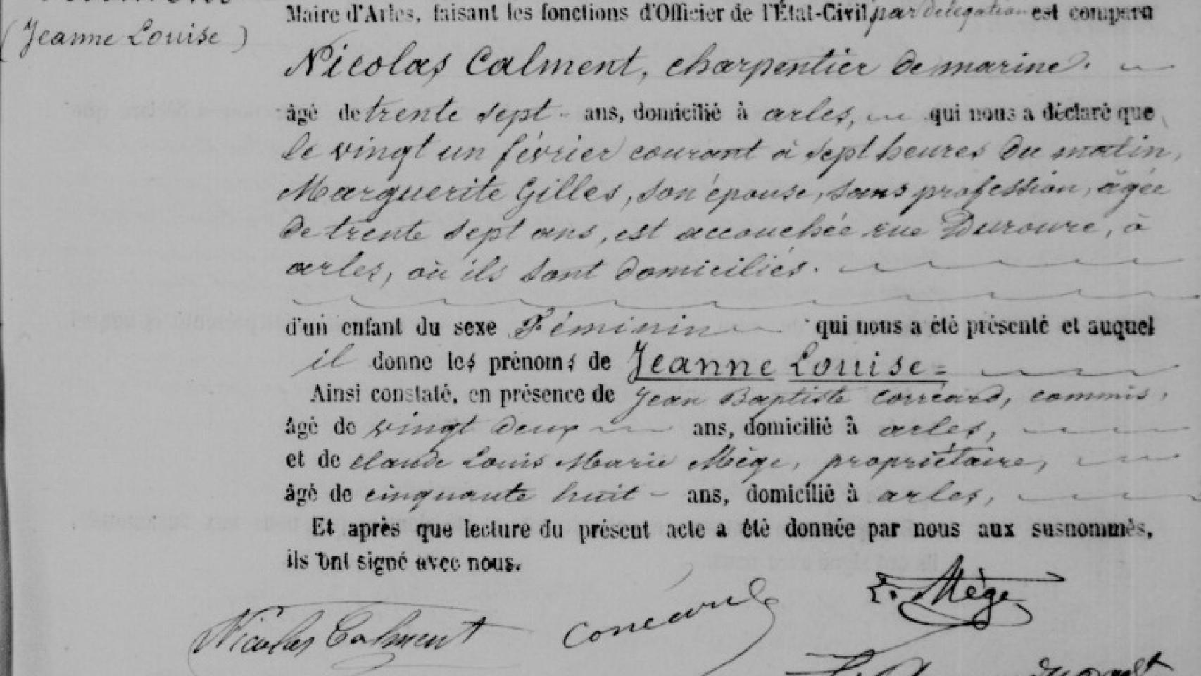 Acta de nacimiento de Jeanne Calment.