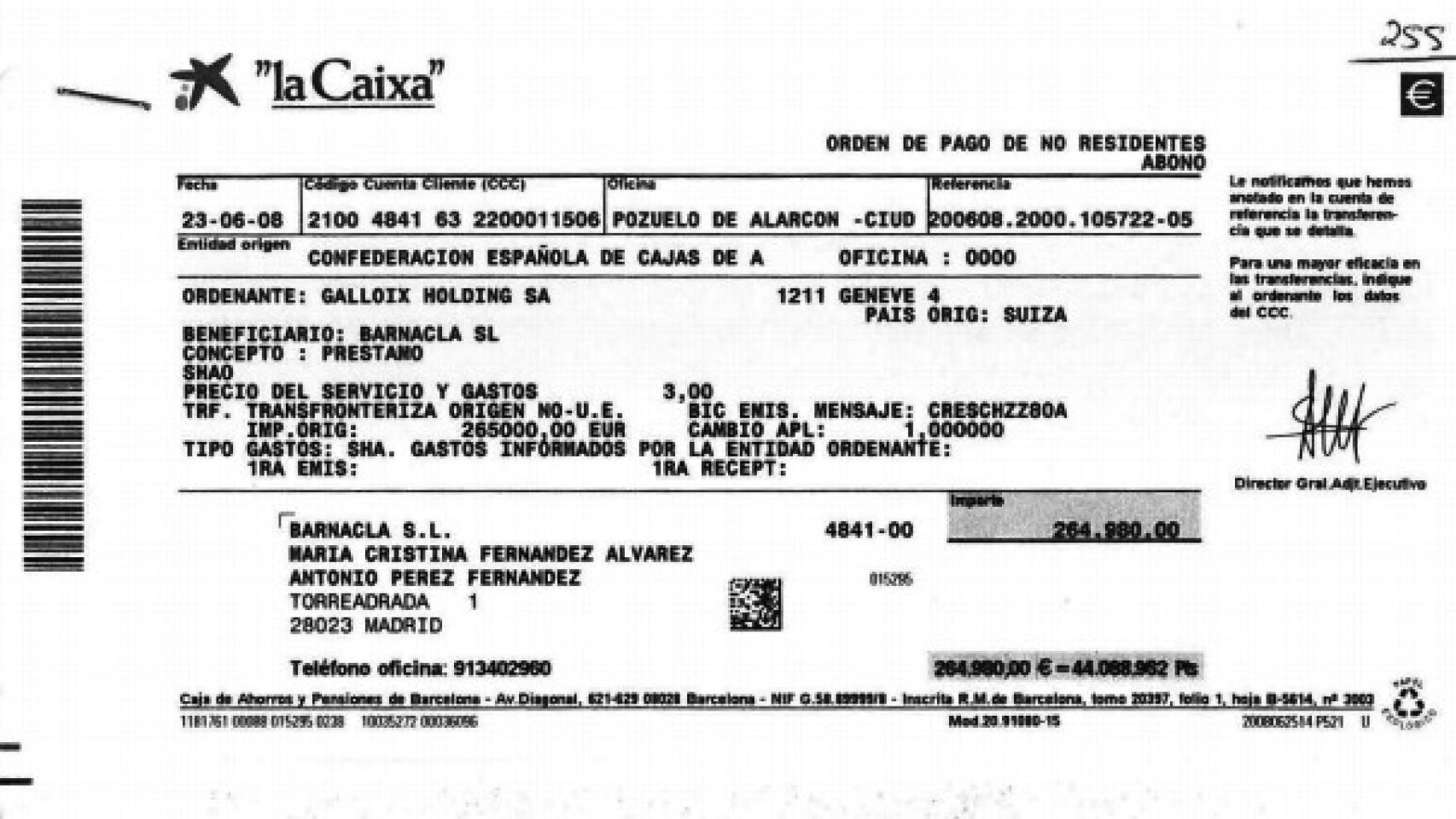 Transferencia enviada a una de las empresas españolas de Conde.