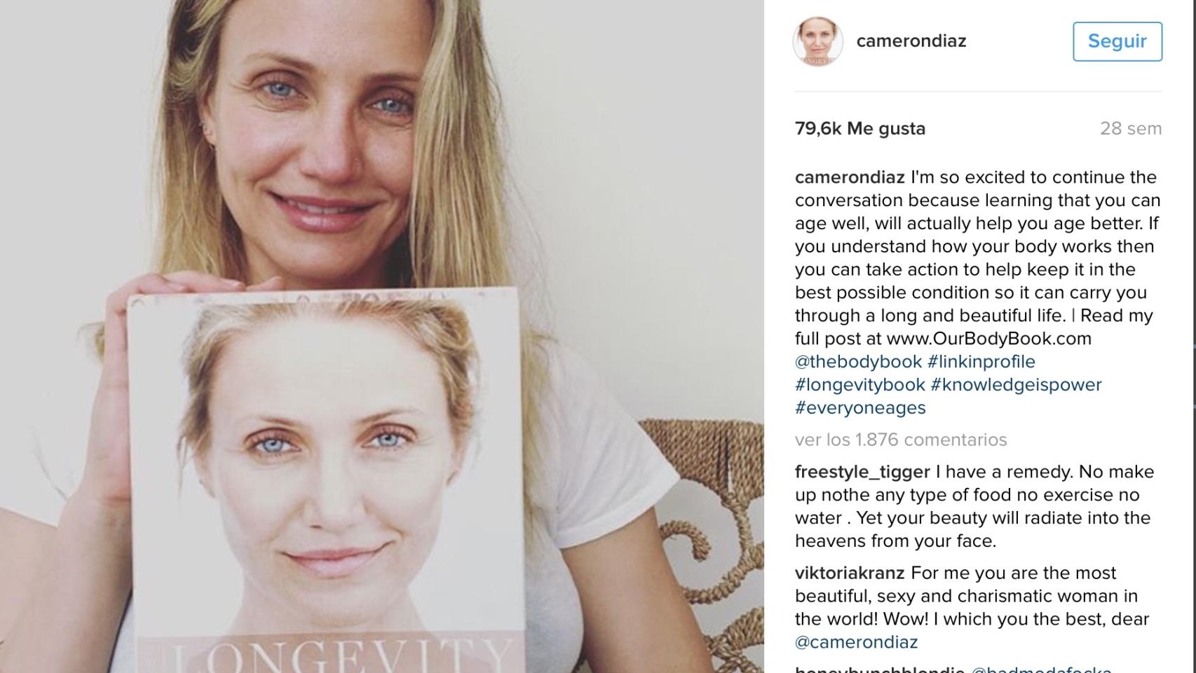 Cuenta oficial de la actriz Cameron Diaz donde muestra su libro y su apoyo al movimiento #nomakeup.