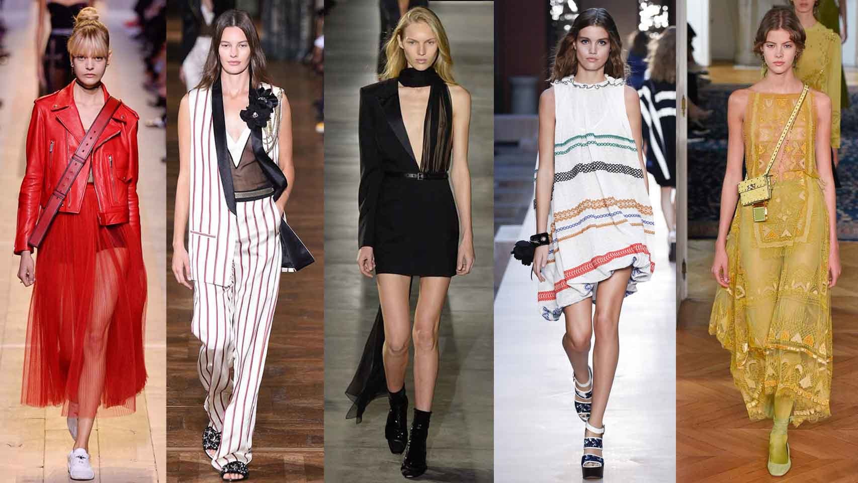 De izq. a dcha. diseños de Dior, Lanvin, Saint Laurent, Sonia Rykiel y Valentino.