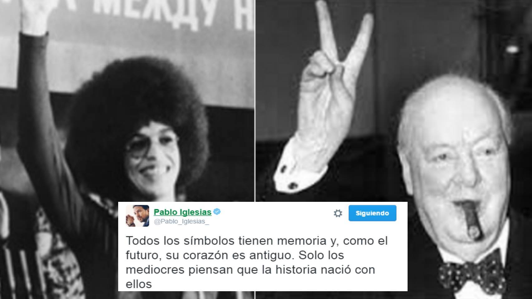 El líder de Podemos contrapone el puño en alto con el símbolo de la victoria.