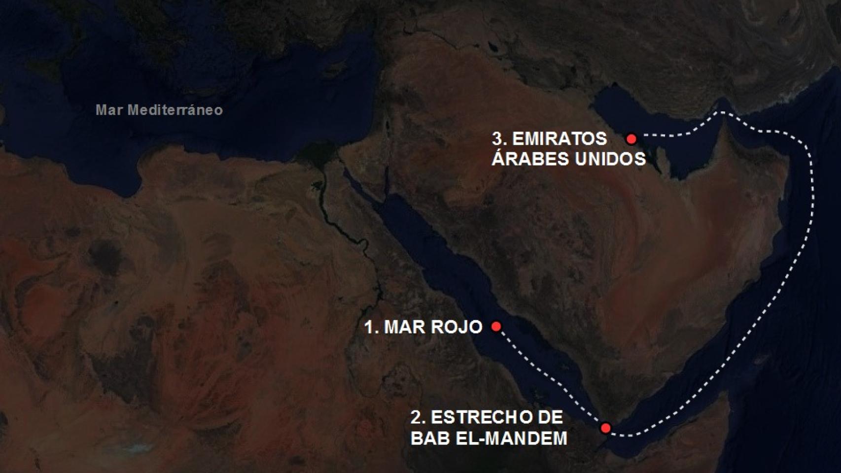 Ruta seguida por el `MS The World´ cuando ocurrieron los incidentes.