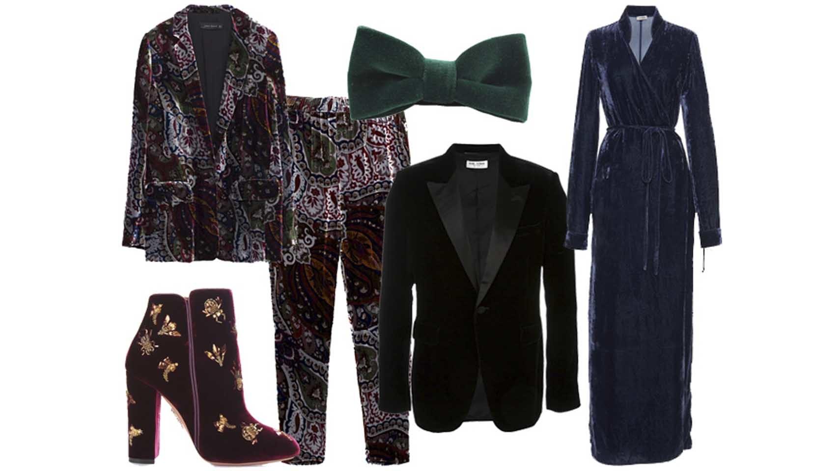 Chaqueta y pantalón estampado, de Zara; botines granates, de Aquazzura; pajarita verde, de El Mono Con Pajarita; blazer de hombre, de Saint Laurent; vestido azul, de The Attico.