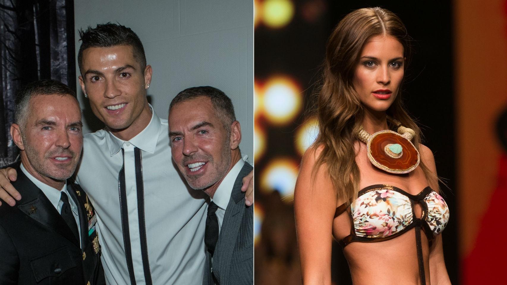 Los gemelos Dean y Dan Caten con Cristiano este viernes (izqda) y la modelo Desiré Cordero (dcha)